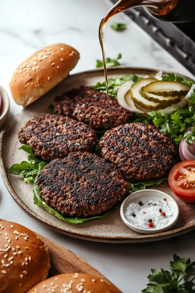 Homemade beef burger patties on a grill with fresh ingredients