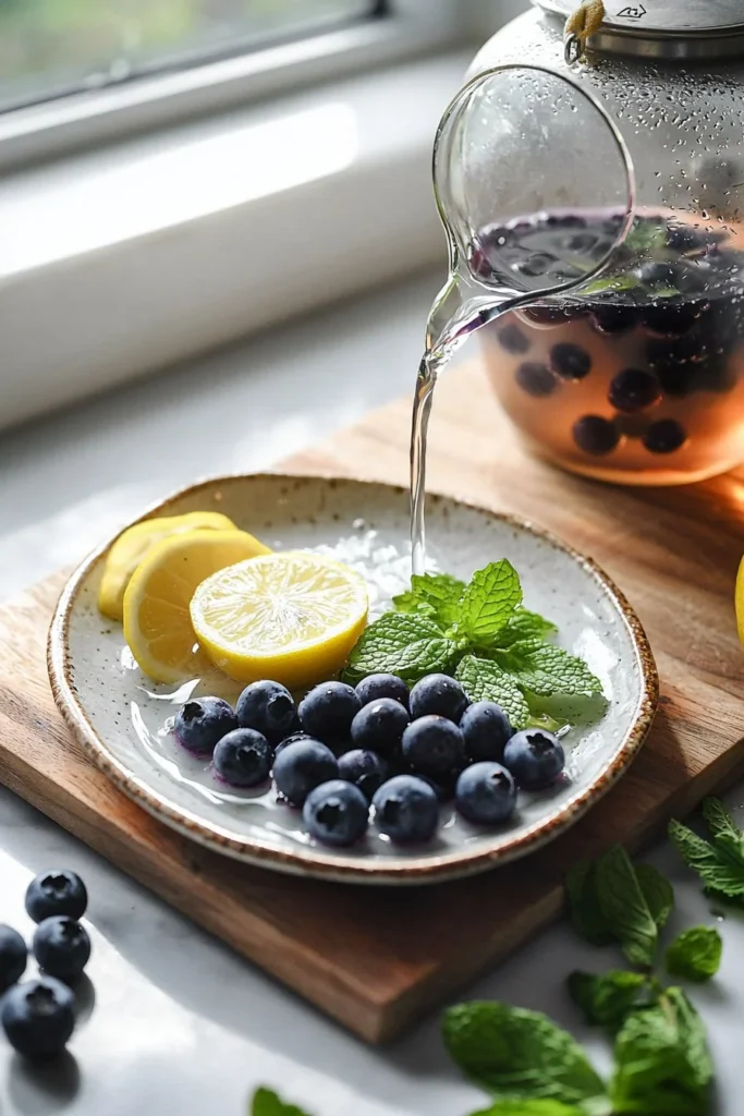A cup of homemade blueberry tea with fresh blueberries and tea leaves.