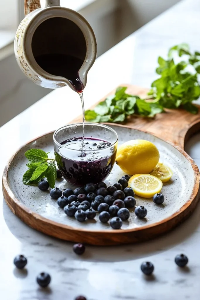Cup of homemade blueberry tea with fresh blueberries and a tea infuser