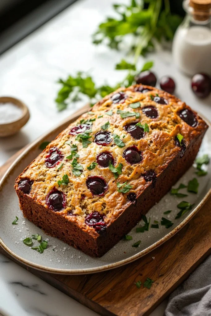 Slices of homemade cherry loaf on a wooden table