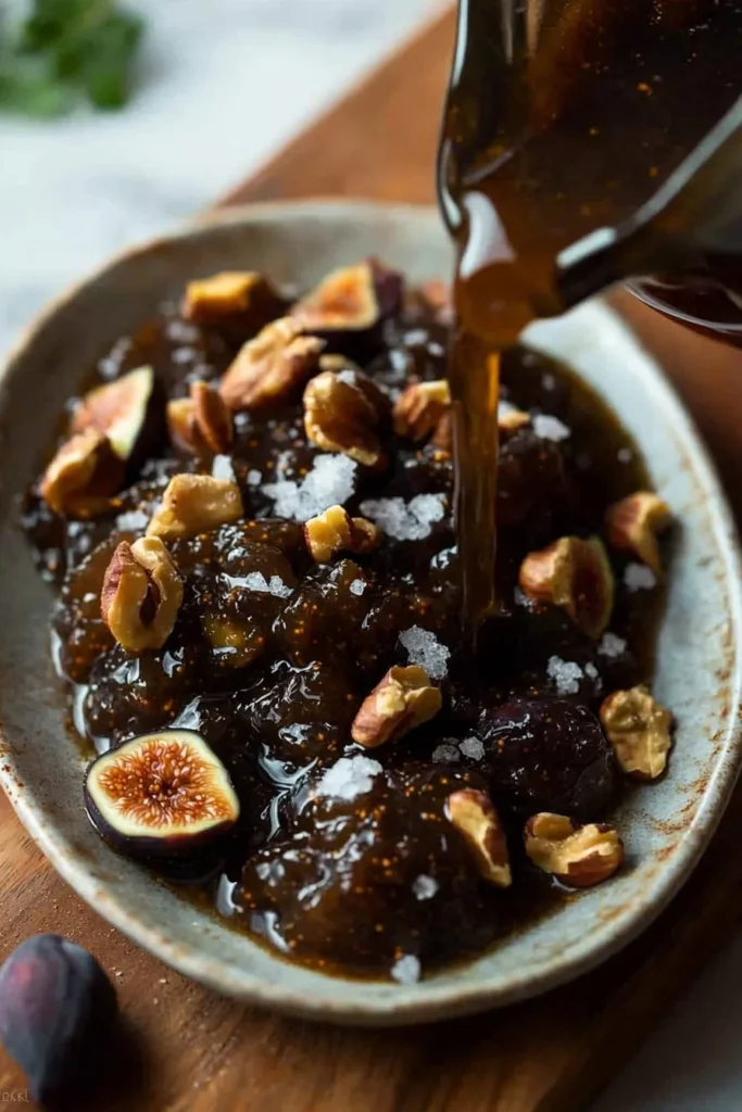 Homemade fig walnut chutney in a jar with ingredients on a rustic table