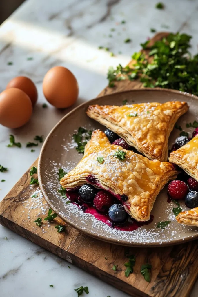 Delicious homemade mixed berry turnovers with flaky crust and fresh berries
