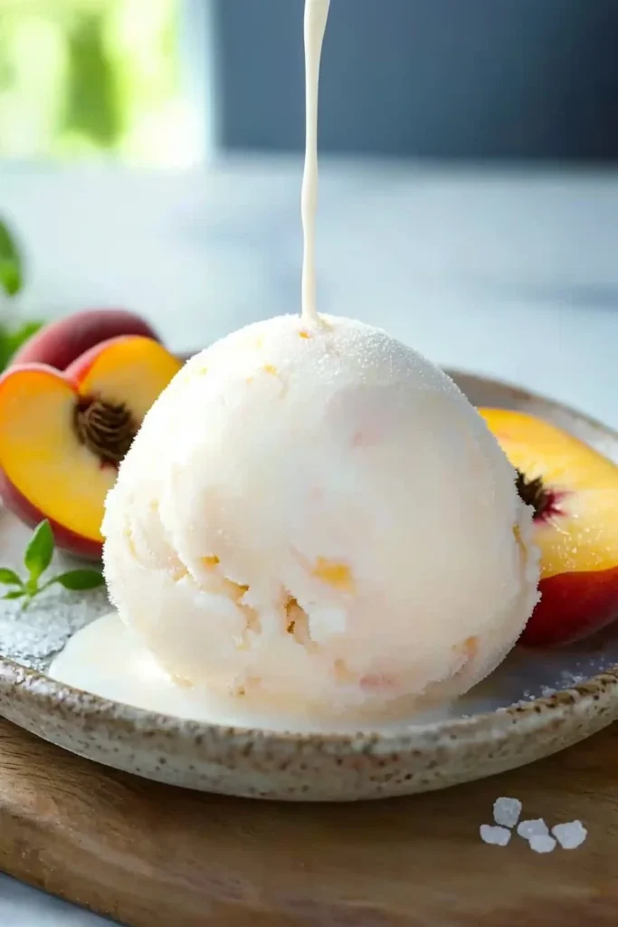 Bowl of creamy homemade peach ice cream topped with fresh peach slices