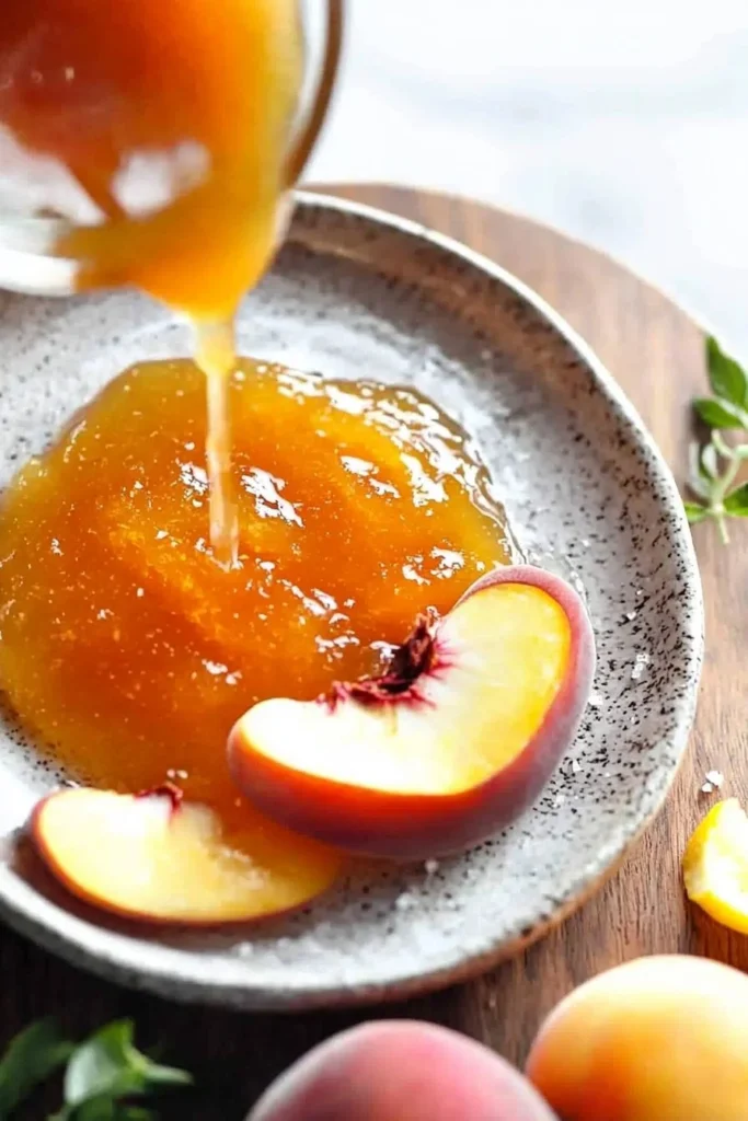 Jar of homemade peach jam on a wooden table with fresh peaches.