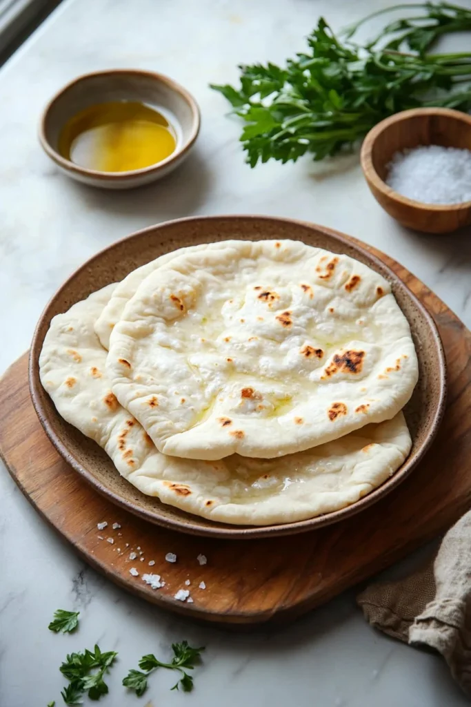 Freshly baked homemade pita bread on a wooden table