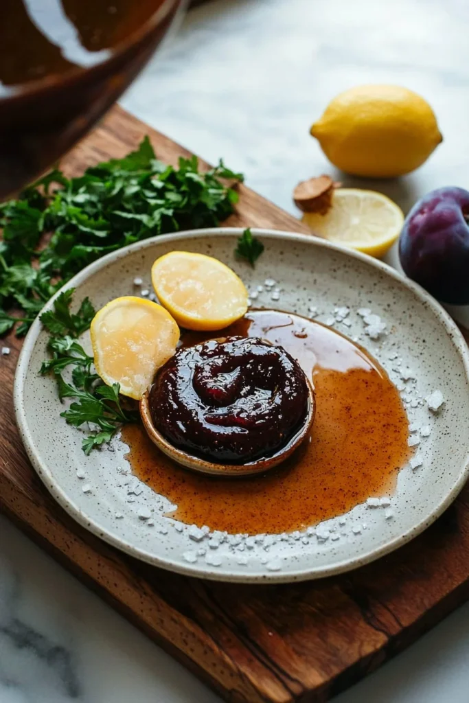 A jar of homemade plum butter on a wooden table with fresh plums beside it.