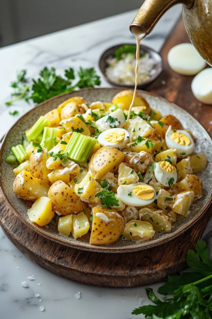 Bowl of homemade potato salad with herbs and seasonings