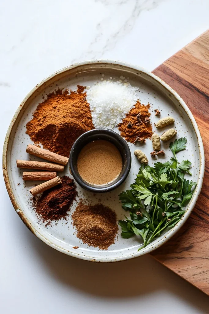 Homemade pumpkin pie spice ingredients in a jar with measuring spoons