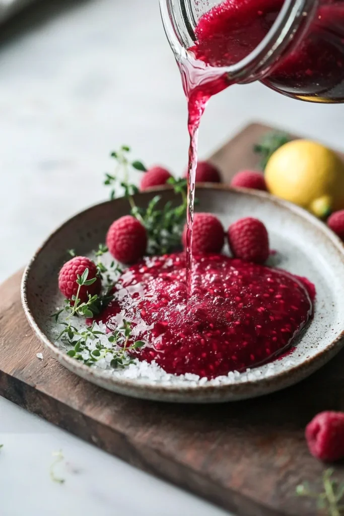 A glass of homemade raspberry cordial with fresh raspberries garnishing the drink.