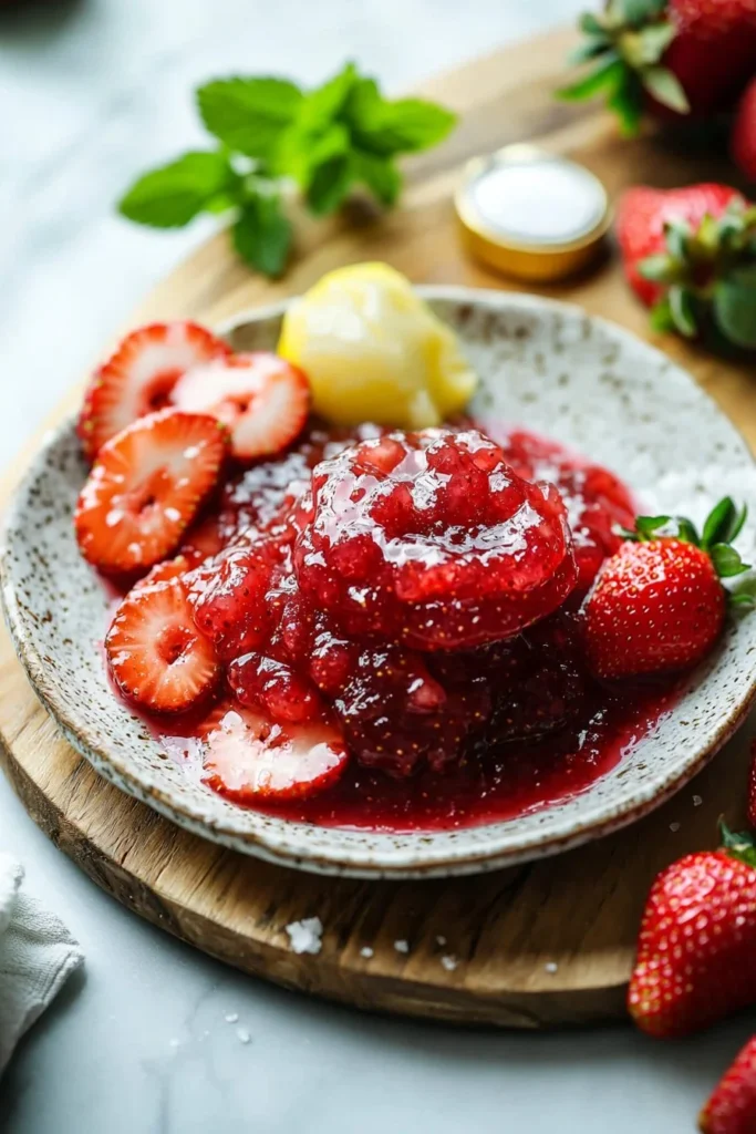 Jar of homemade strawberry jam with fresh strawberries in the background