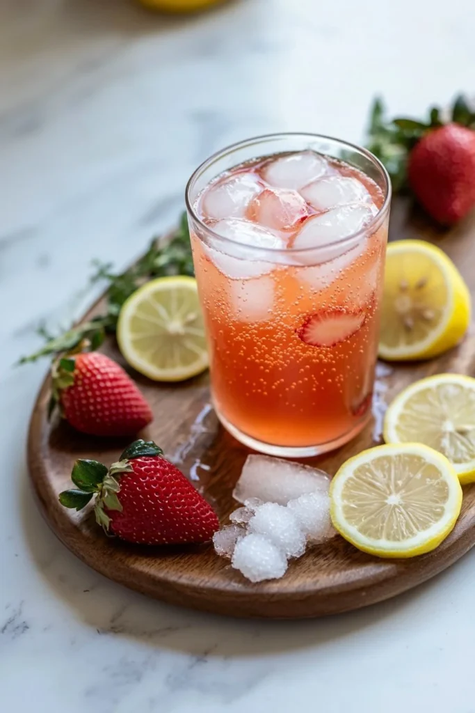 Glass of homemade strawberry soda garnished with fresh strawberries.