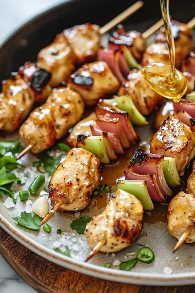 Grilled Honey Garlic Chicken Skewers on a platter