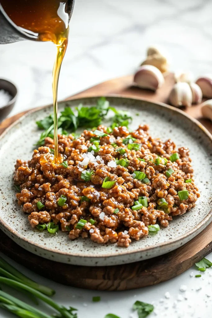 Plate of Honey Garlic Ground Chicken served with rice and vegetables