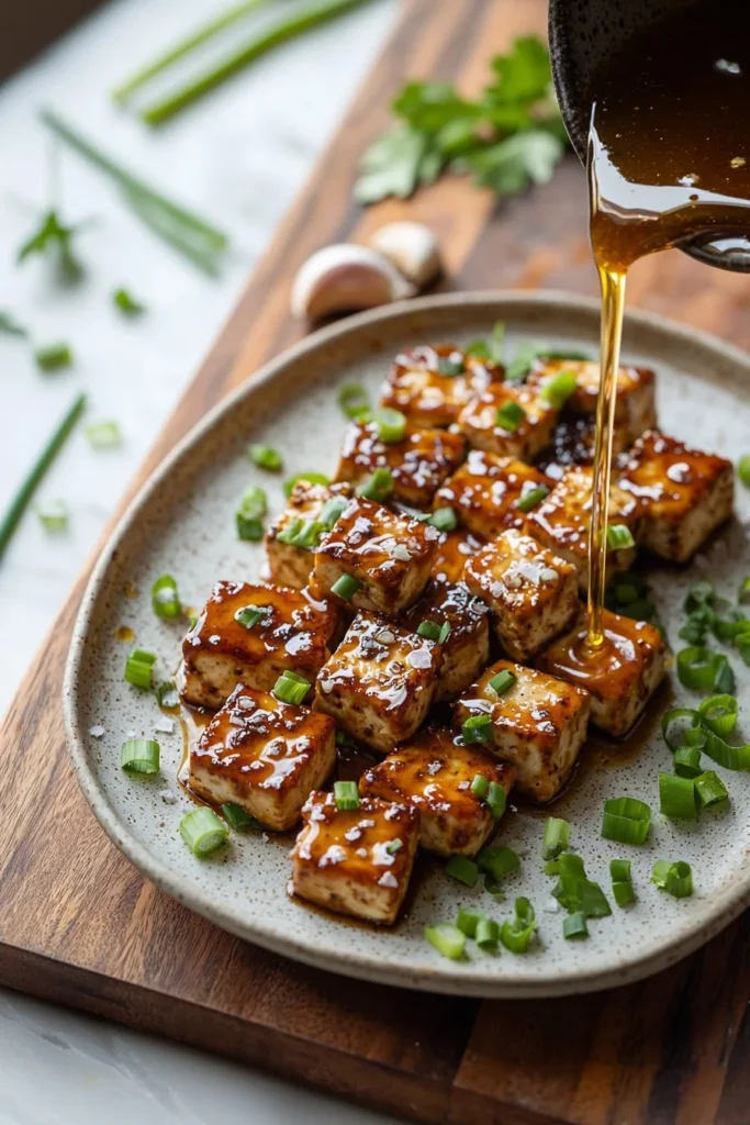 Delicious plate of honey garlic tofu garnished with green onions and sesame seeds