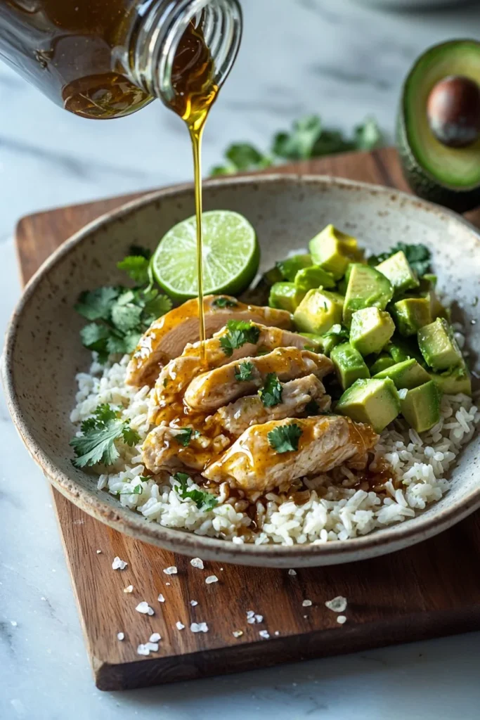 Honey Lime Chicken served in an avocado rice bowl garnished with fresh ingredients