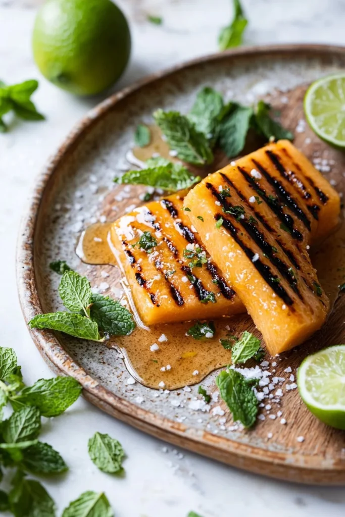 Honey lime grilled cantaloupe slices on a grill, showcasing delicious summer flavors.
