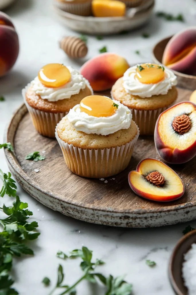 Honey peach cream cheese cupcakes topped with fresh peaches and cream cheese frosting