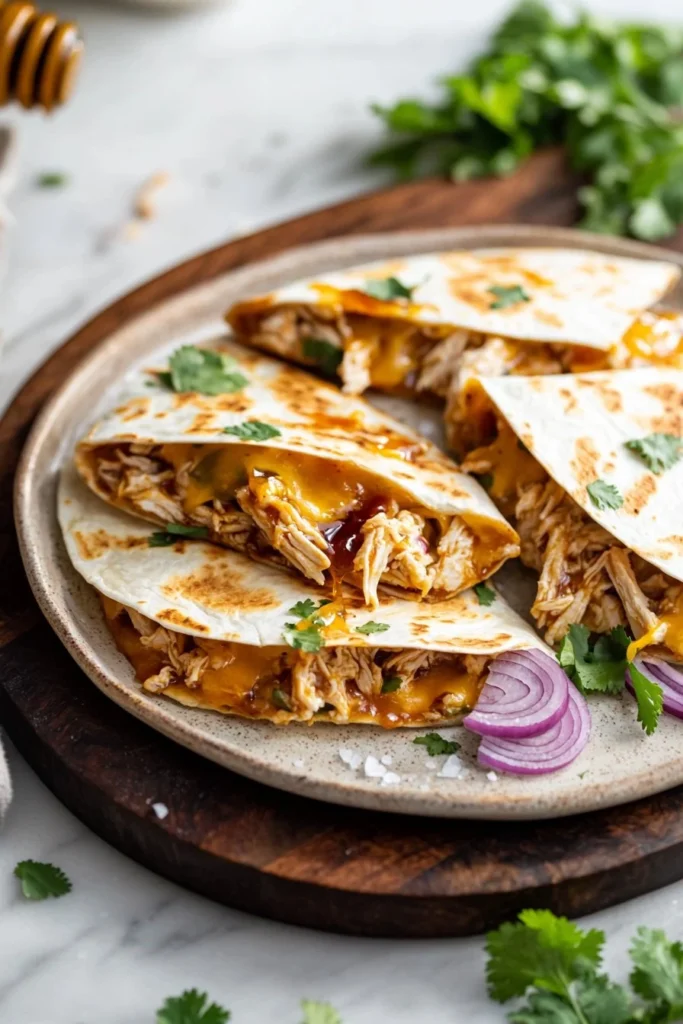 Hot Honey BBQ Chicken Quesadillas with melted cheese and fresh ingredients