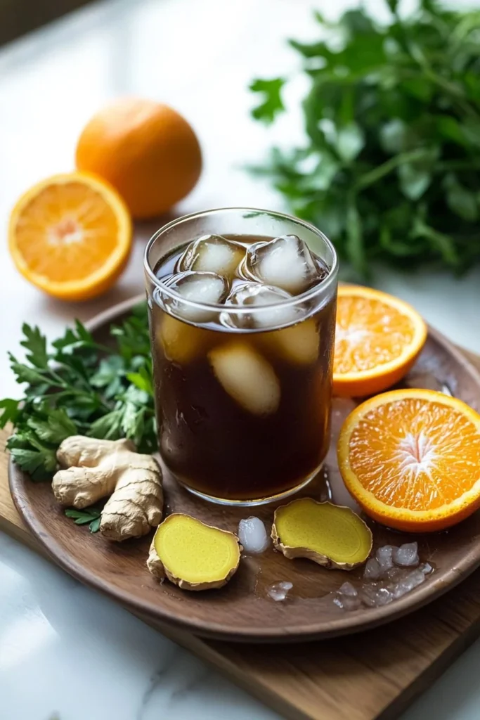 Glass of iced orange ginger green tea with slices of orange and ginger