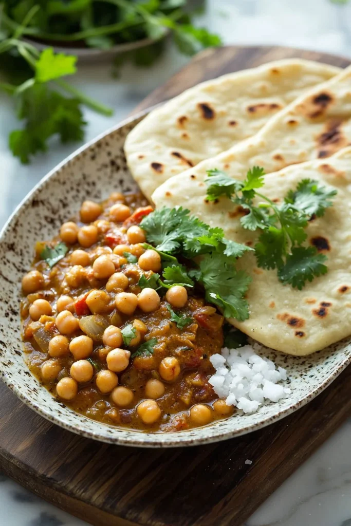 Bowl of Indian chickpea curry served with flatbread on a wooden table