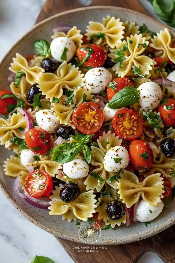 Italian Bow Tie Pasta Salad with vegetables and dressing