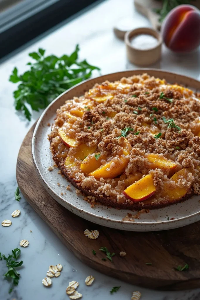 Slice of Italian Peach Crumb Cake with juicy peaches and crumb topping