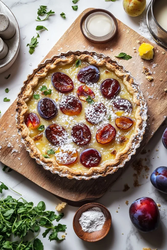 Delicious Italian Plum Tart freshly baked with ripe plums and flaky crust.