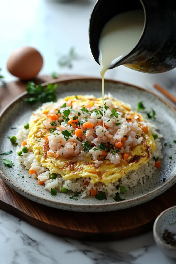 Japanese Omelette Rice served with ketchup on top, showcasing its delicious presentation.