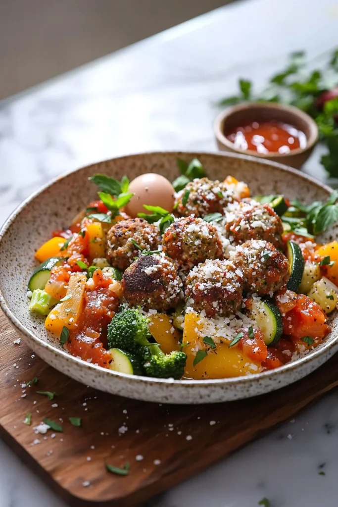 Juicy meatball and veggie bowl garnished with fresh herbs