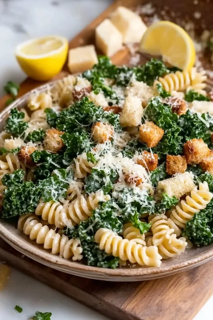 Delicious Kale Caesar Pasta Salad garnished with parmesan and lemon.