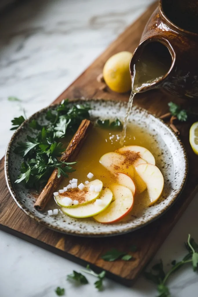 A cup of Korean Apple Tea with fresh apple slices and cinnamon
