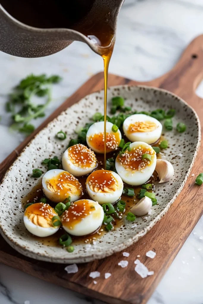Korean marinated eggs served with a drizzle of soy sauce and sesame seeds