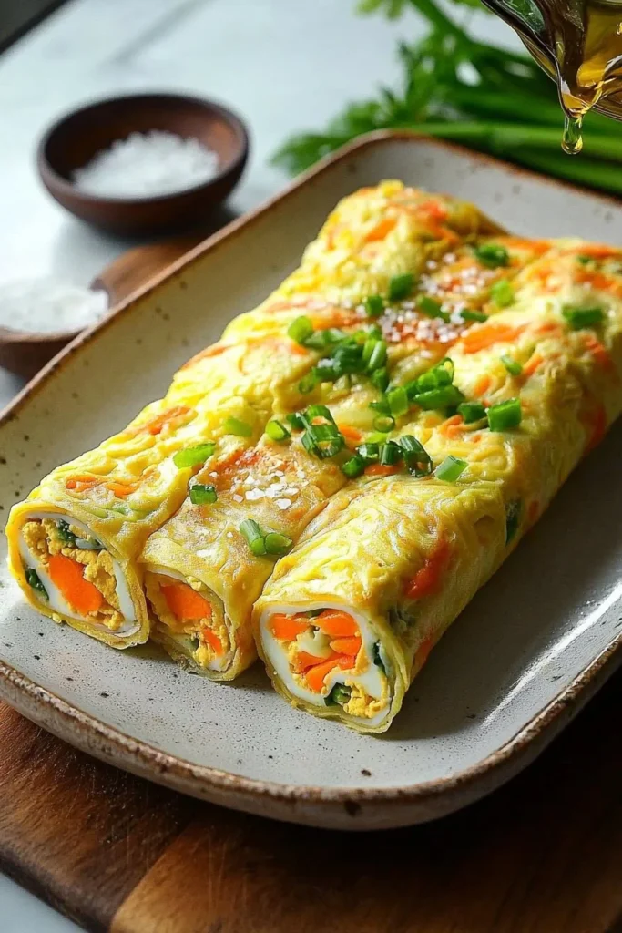 Korean style rolled omelette served on a plate with vegetables