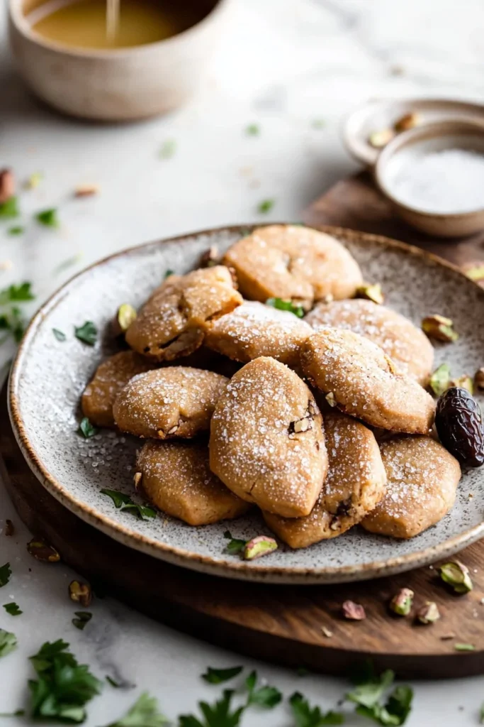 Lebanese Maamoul Cookies filled with nuts and spices on a decorative plate