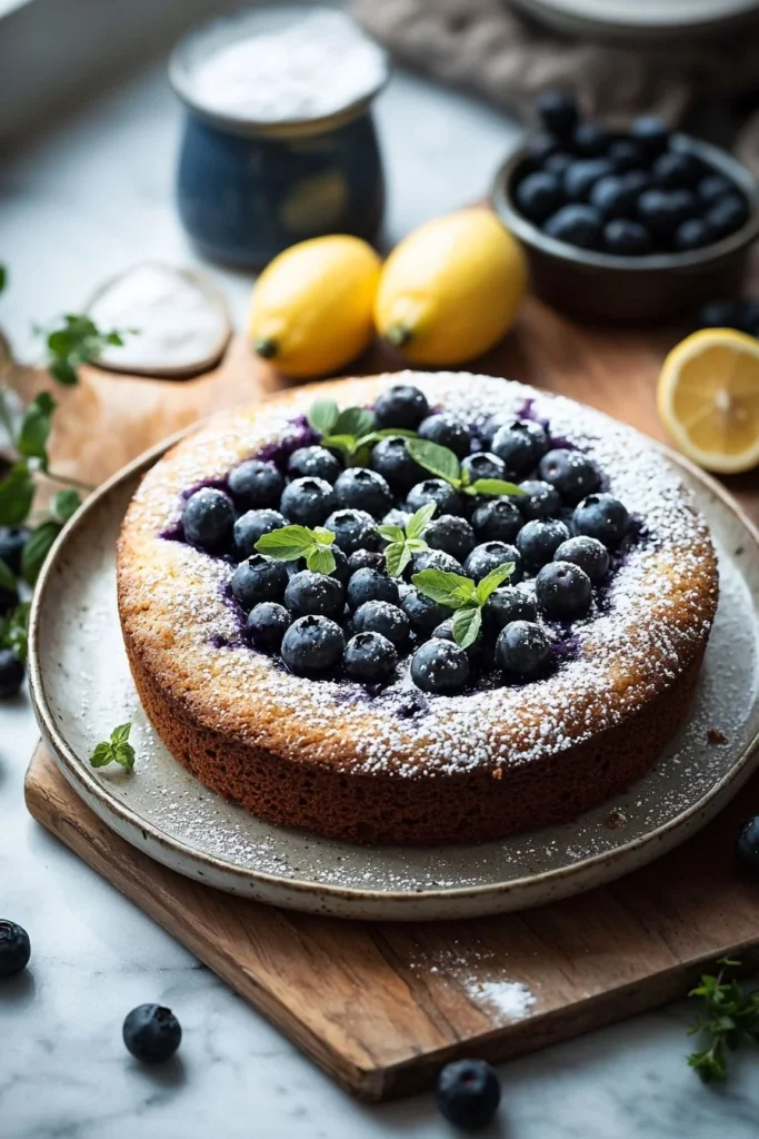Slice of Lemon Blueberry Cake topped with fresh blueberries and lemon zest