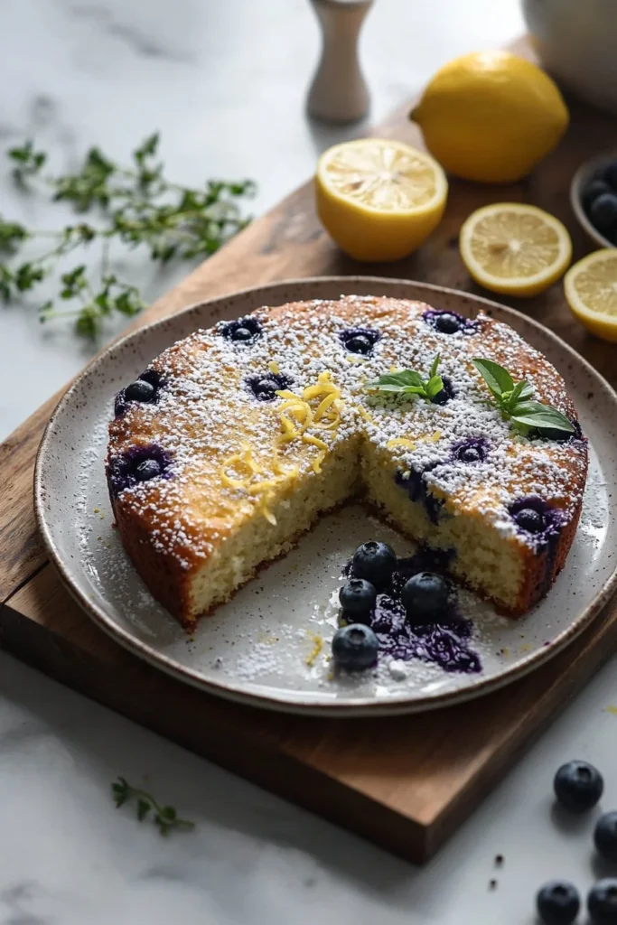 Delicious lemon blueberry cake topped with fresh blueberries and lemon zest.