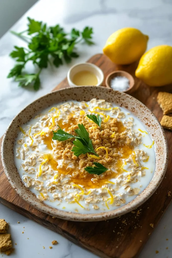 Delicious lemon cheesecake overnight oats topped with fresh lemon slices.
