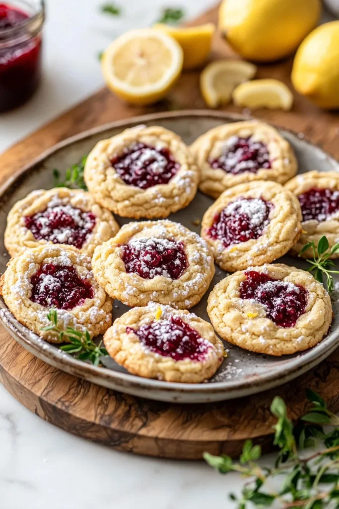 Lemon cookies with raspberry filling on a plate, showcasing their vibrant colors.