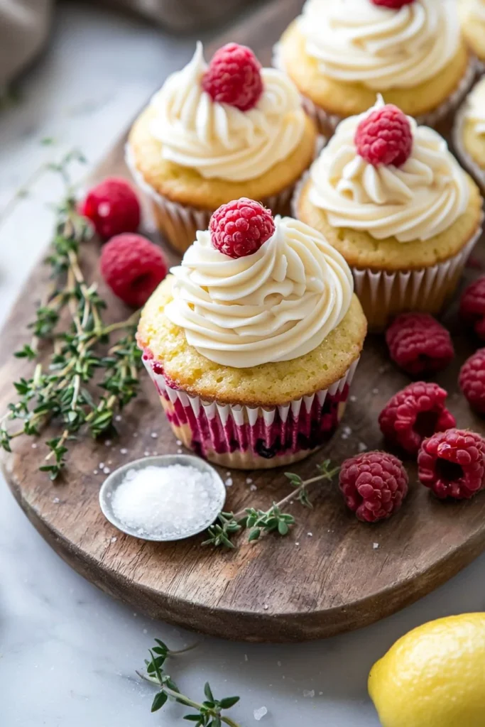 Lemon cupcakes with raspberry buttercream frosting on a decorative platter.