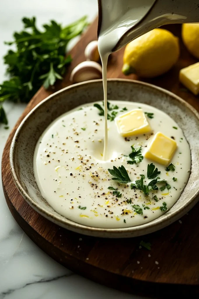 Delicious Lemon Garlic Cream Sauce in a bowl, perfect for pasta and seafood