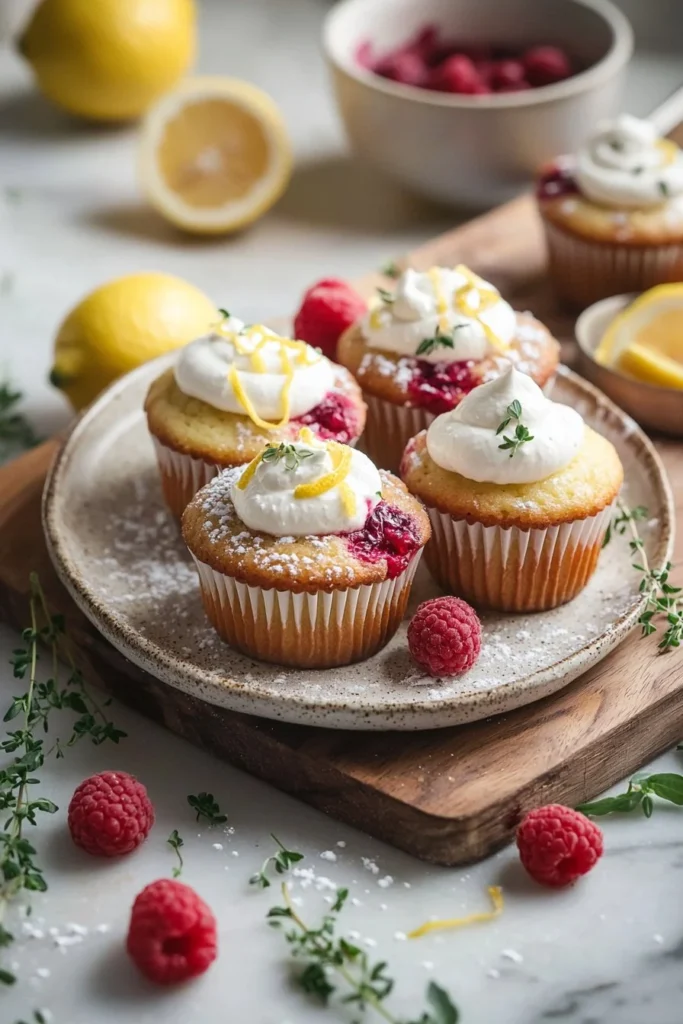 Lemon Raspberry Cupcakes with zesty lemon frosting and fresh raspberries.