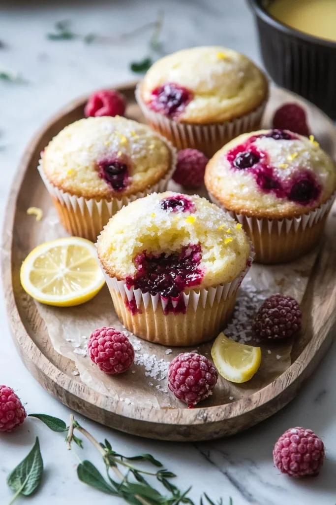 Lemon raspberry cupcakes with lemon curd topping on a white plate.