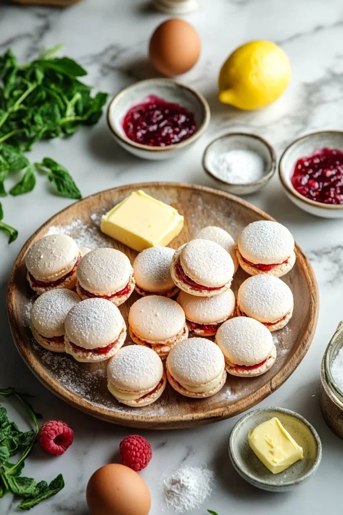 Lemon raspberry macarons with a vibrant yellow and pink color, showcasing the delicious filling.