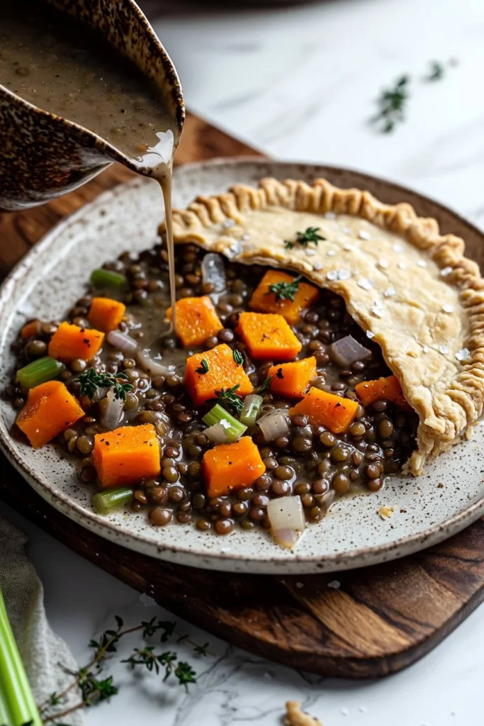 Delicious Lentil Pot Pie with Butternut Squash, served in a rustic dish.
