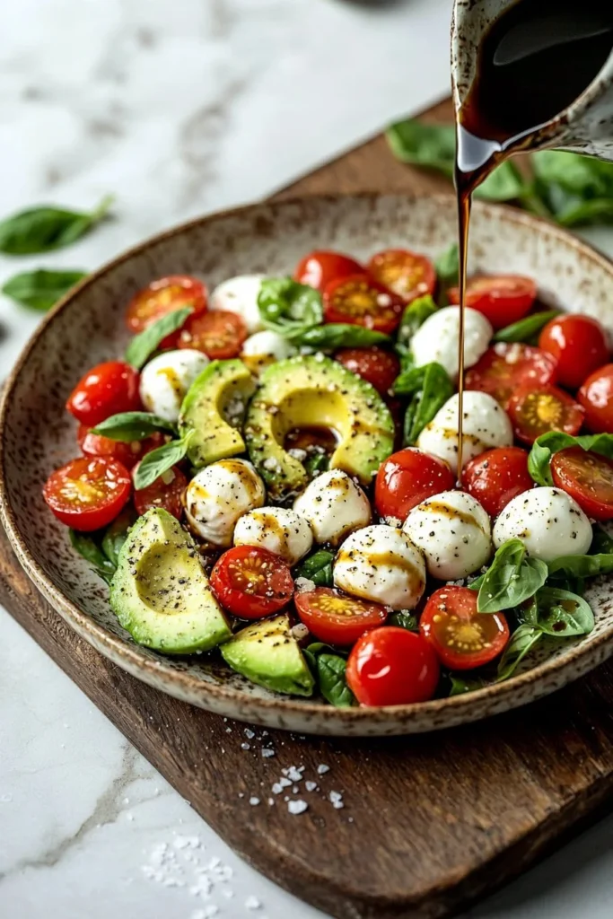 Light avocado caprese salad with fresh tomatoes and mozzarella cheese
