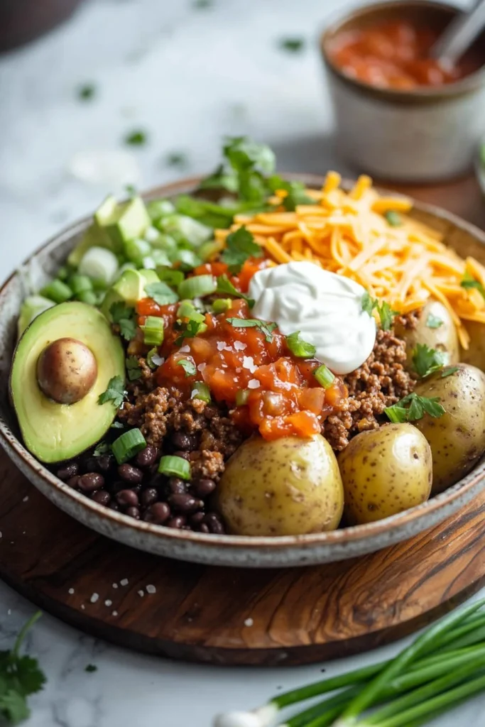 Loaded Beef Taco Potato Bowl with beef, cheese, and vegetables served in a bowl