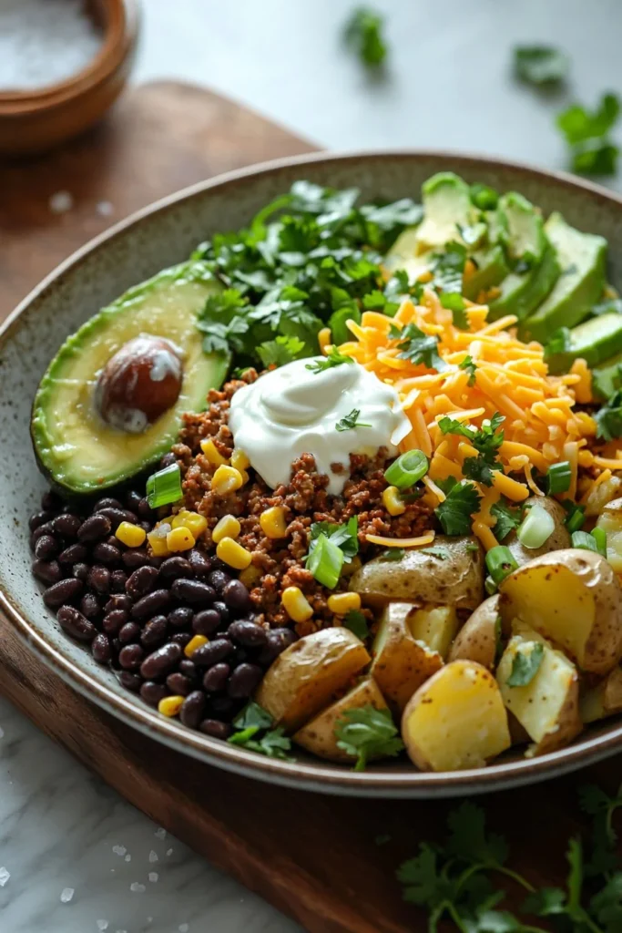 Delicious loaded potato taco bowl topped with fresh ingredients and spices.