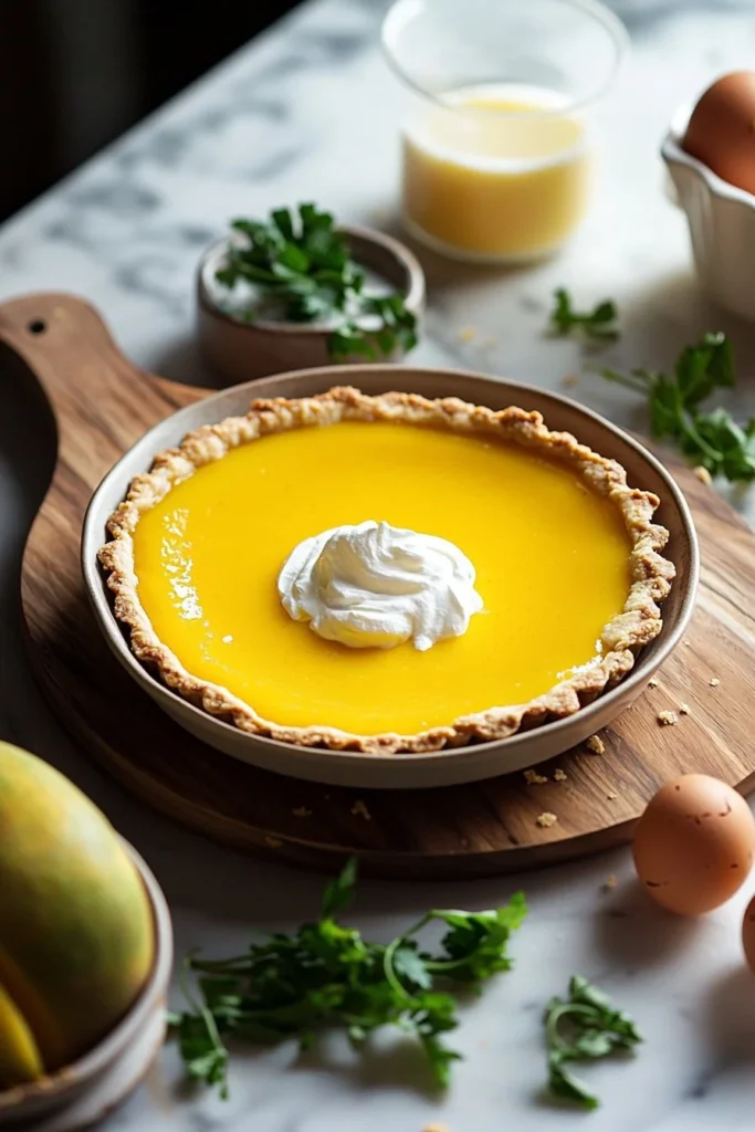 Mango Curd Tart with creamy filling and golden crust on a white plate