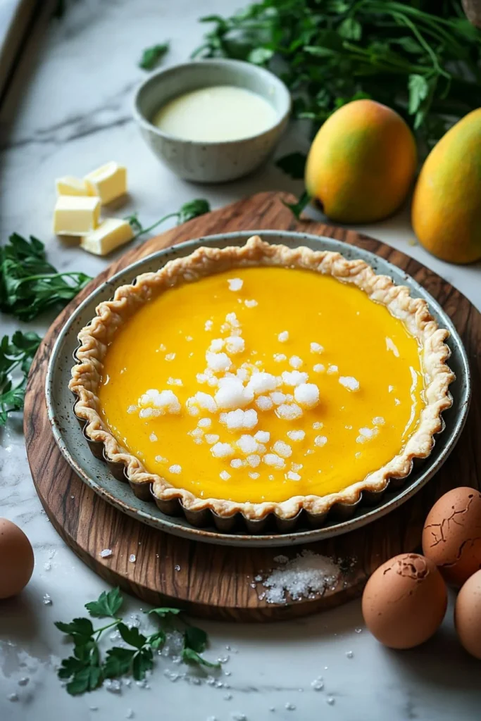 Delicious Mango Curd Tart with fresh mango topping on a buttery crust
