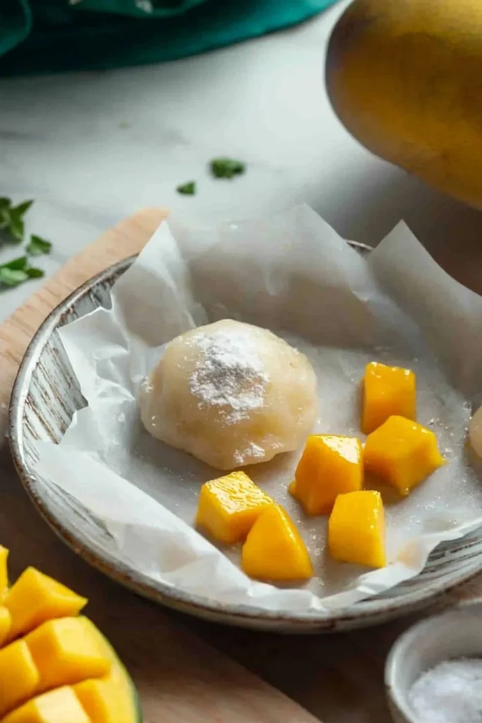 Delicious Mango Mochi dessert with a fruity mango filling and chewy rice cake outer layer.